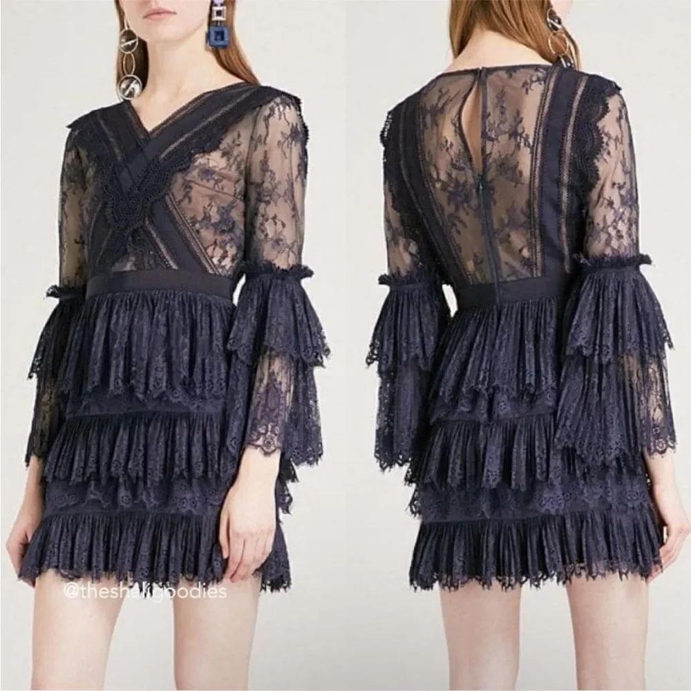 Self-Portrait Mini Dress Size 0 Navy Blue Lace Ruffles Sleeve Lined